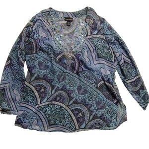 Lane Bryant Women's Paisley Blouse Embellished V-Neck 3/4‎ Sleeve Top Size 18/20